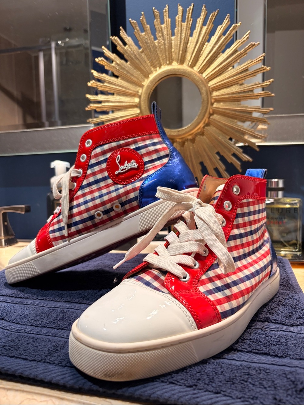 Christian Louboutin Red, Blue and White Plaid High-Top Sneakers